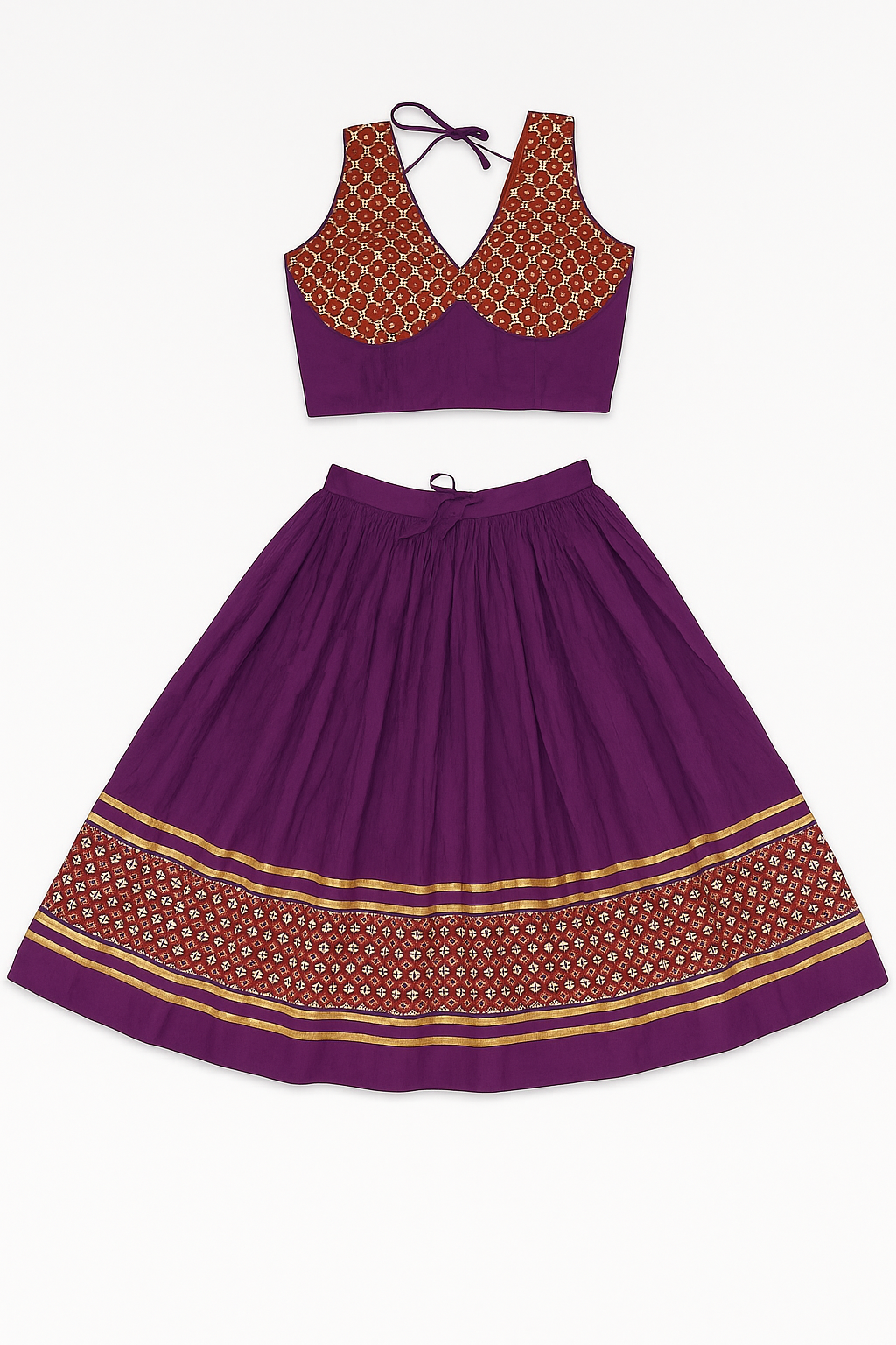 Traditional Purple Gopi Dress with Red-Golden Border