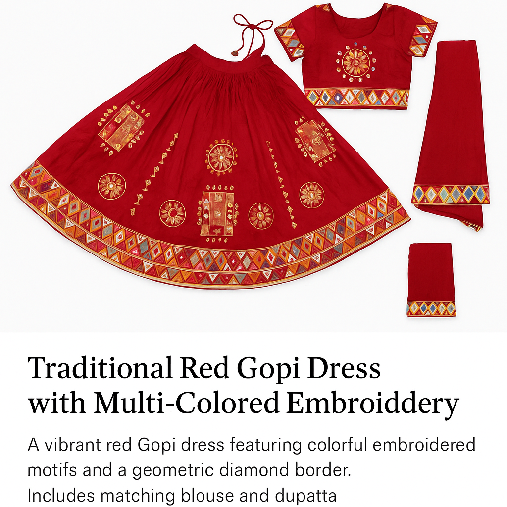 Traditional Red Gopi Dress with Multicolor Mirror Embroidery