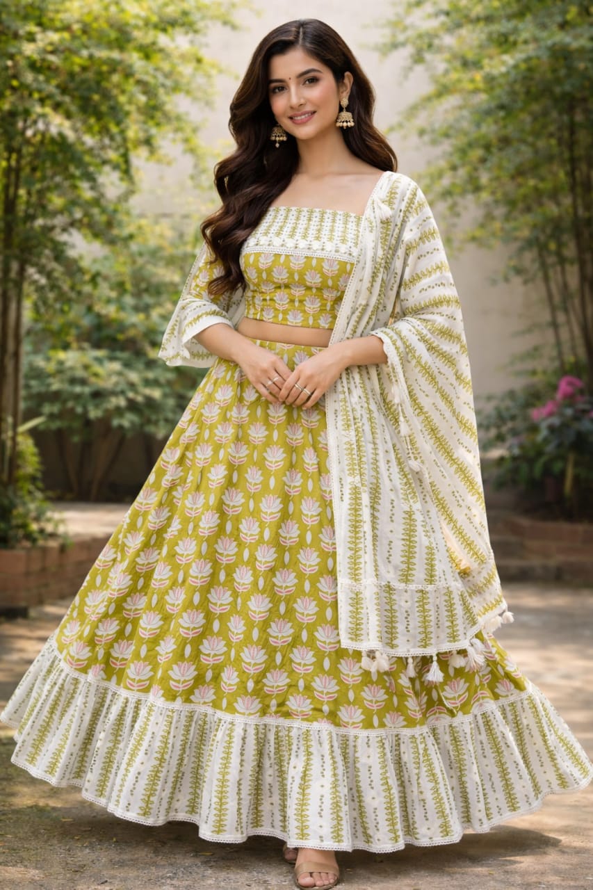 Olive Lotus Bloom Printed Lehenga Set 