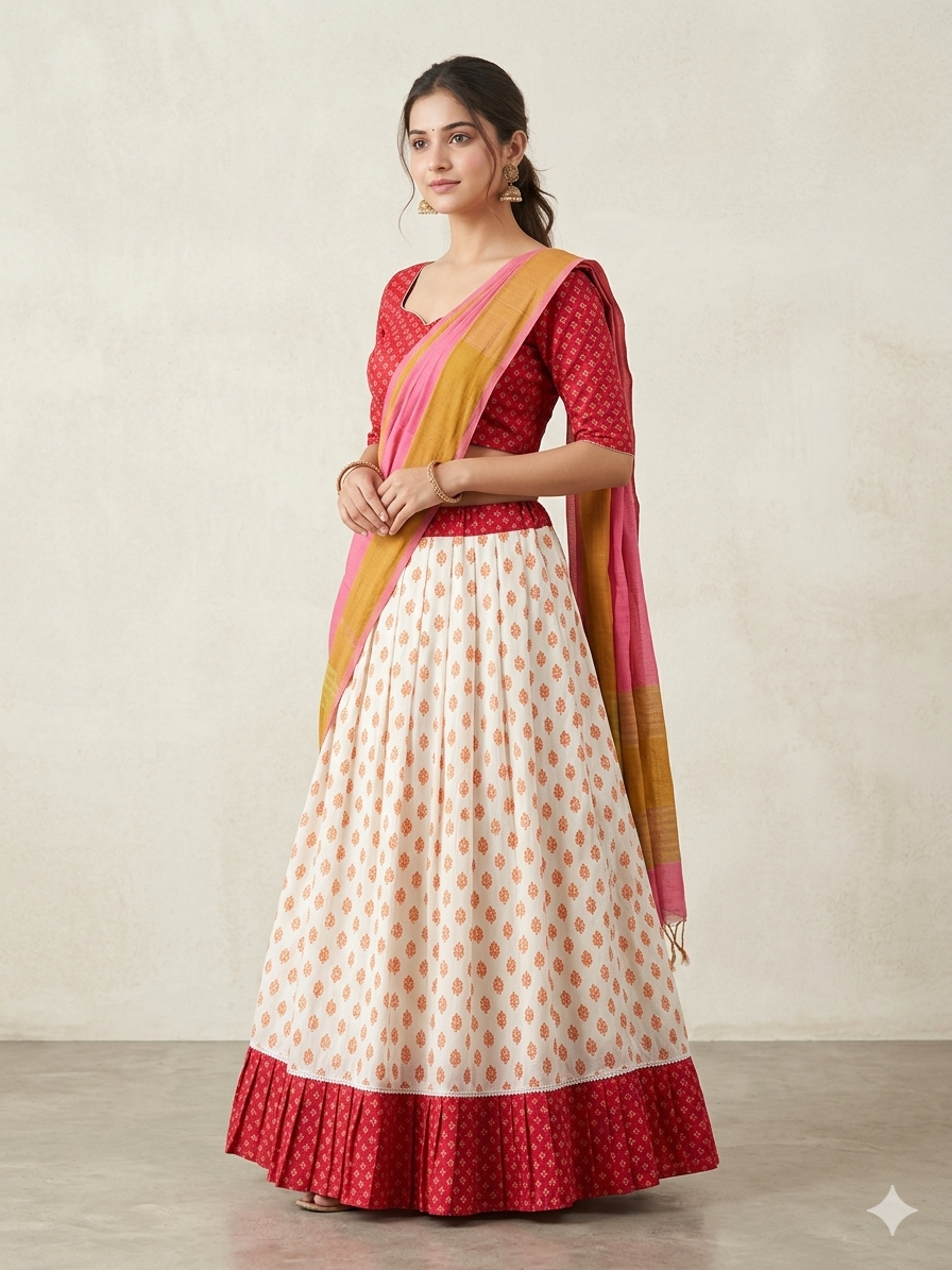 Traditional Gopi Dress Set - A Harmony of White and Red with a Vibrant Dupatta