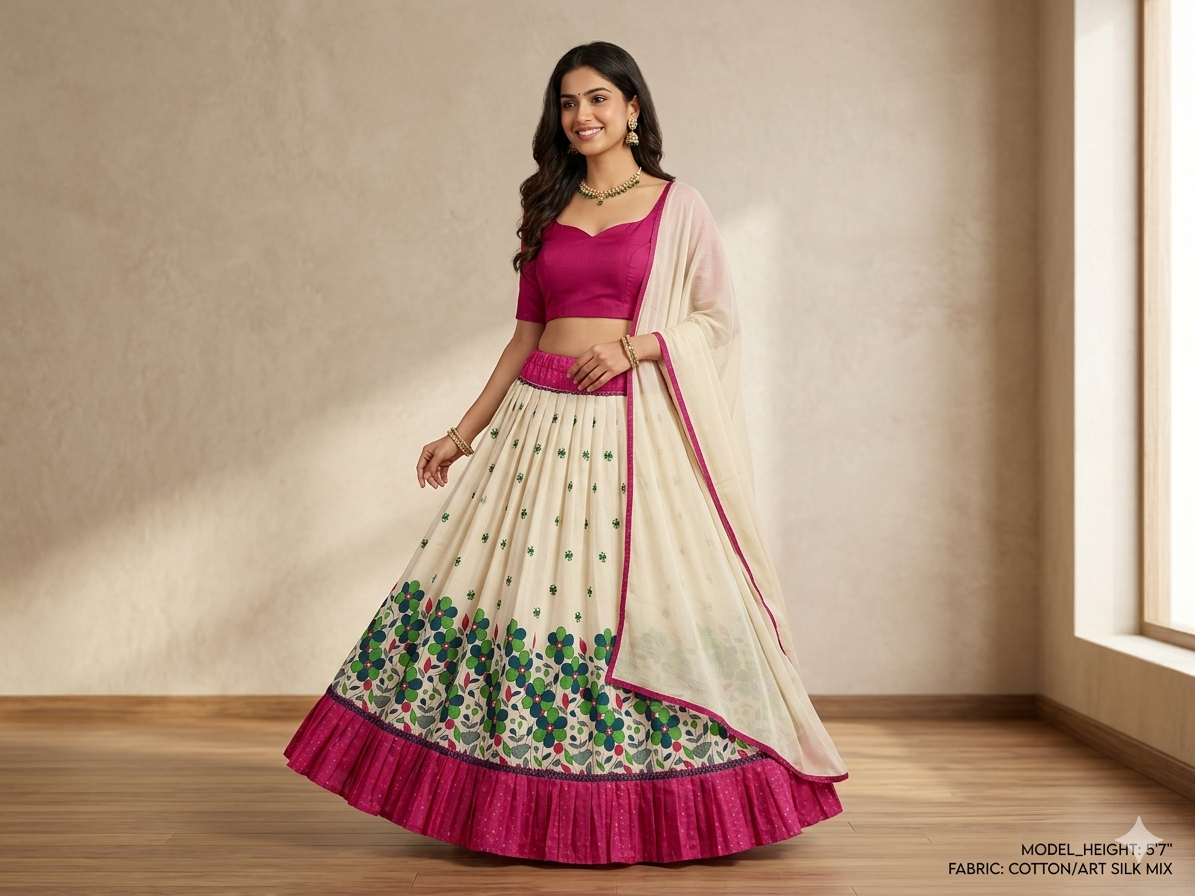 Stylish Women's Gopi-Style Skirt with Green Floral Print